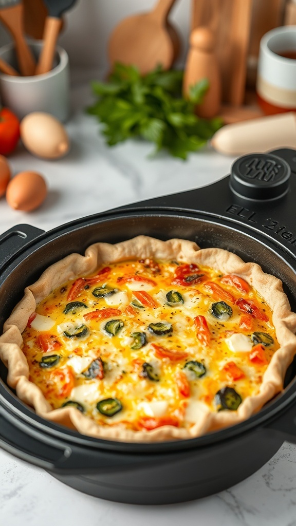 A golden brown quiche in an electric non-stick maker, filled with vegetables and cheese, set in a warm kitchen.